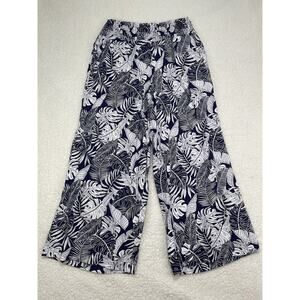 Tahari Womens Large Linen Blend Wide Leg Pull On Cropped Pants Tropical Floral